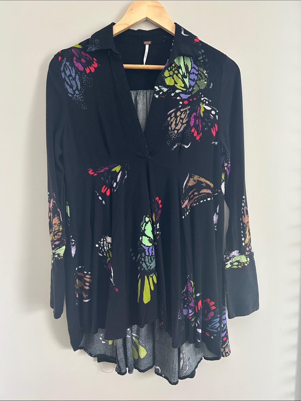 Free People Black Tunic with Neon Butterfly Accents